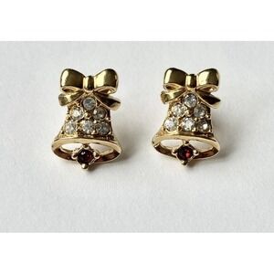 VTG Christmas Bells Gold Tone Red Crystal Rhinestone Avon‎ Stud Earrings Grandma